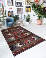 Vintage kilim rug in living room setting, bright colors, wild shaman, soft rug, bold color, Portland, Oregon, rug store, rug shop, local shop, vintage rug, modern kilim, warm colors
