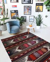 Vintage kilim rug in living room setting, bright colors, wild shaman, soft rug, bold color, Portland, Oregon, rug store, rug shop, local shop, vintage rug, modern kilim, warm colors