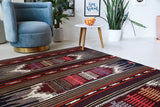 Vintage kilim rug in living room setting, bright colors, wild shaman, soft rug, bold color, Portland, Oregon, rug store, rug shop, local shop, vintage rug, modern kilim, warm colors