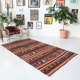 Vintage kilim rug in room decor setting, old rug, antique rug, pastel colors, faded colors, Turkish rug, vintage rug, soft rug, Portland, Oregon, rug store, rug shop, local shop, bold colors, bright colors, faded colors