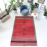 Vintage kilim rug in living room setting, bright colors, wild shaman, soft rug, bold color, Portland, Oregon, rug store, rug shop, local shop, vintage rug, modern kilim, warm colors