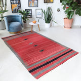 Vintage kilim rug in living room setting, bright colors, wild shaman, soft rug, bold color, Portland, Oregon, rug store, rug shop, local shop, vintage rug, modern kilim, warm colors