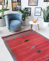 Vintage kilim rug in living room setting, bright colors, wild shaman, soft rug, bold color, Portland, Oregon, rug store, rug shop, local shop, vintage rug, modern kilim, warm colors
