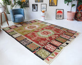 Vintage kilim rug in living room setting, old rug, antique rug, pastel colors, faded colors, Turkish rug, vintage rug, soft rug, Portland, Oregon, rug store, rug shop, local shop, earthy tones, earthy colors, warm colors