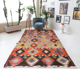 Vintage kilim rug in living room setting, bright colors, wild shaman, soft rug, bold color, Portland, Oregon, rug store, rug shop, local shop, vintage rug, modern kilim, warm colors