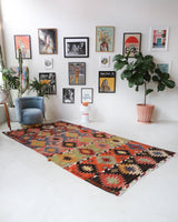 Vintage kilim rug in living room setting, bright colors, wild shaman, soft rug, bold color, Portland, Oregon, rug store, rug shop, local shop, vintage rug, modern kilim, warm colors