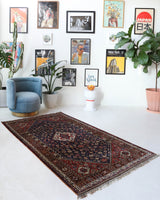 Antique Persian  rug in a living room setting, pile rug, vintage rug, portland, rug shop, bright colors, wild shaman, soft rug, bold color, Portland, Oregon, rug store, rug shop, local shop, antique rug, Persian rug, handmade rug, wool rug, distressed rug