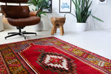 Vintage Turkish rug in a living room setting, pile rug, Turkish rug, vintage rug, portland, rug shop, bright colors, wild shaman, soft rug, bold color, Portland, Oregon, rug store, rug shop, local shop, antique rug