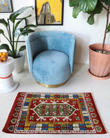 Vintage Turkish rug in a living room setting, pile rug, Turkish rug, vintage rug, portland, rug shop, bright colors, wild shaman, soft rug, bold color, Portland, Oregon, rug store, rug shop, local shop, antique rug