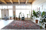 Antique Persian area rug in a living room setting, pile rug, vintage rug, portland, rug shop, bright colors, wild shaman, soft rug, bold color, Portland, Oregon, rug store, rug shop, local shop, antique rug, Persian rug, handmade rug, wool rug, distressed rug