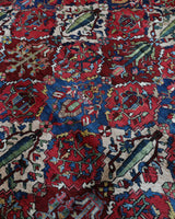 Antique Persian area rug in a living room setting, pile rug, vintage rug, portland, rug shop, bright colors, wild shaman, soft rug, bold color, Portland, Oregon, rug store, rug shop, local shop, antique rug, Persian rug, handmade rug, wool rug, distressed rug