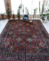 Antique Persian area rug in a living room setting, pile rug, vintage rug, portland, rug shop, bright colors, wild shaman, soft rug, bold color, Portland, Oregon, rug store, rug shop, local shop, antique rug, Persian rug, handmade rug, wool rug, distressed rug