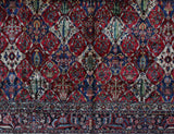 Antique Persian area rug in a living room setting, pile rug, vintage rug, portland, rug shop, bright colors, wild shaman, soft rug, bold color, Portland, Oregon, rug store, rug shop, local shop, antique rug, Persian rug, handmade rug, wool rug, distressed rug