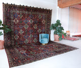 Antique Persian area rug in a living room setting, pile rug, vintage rug, portland, rug shop, bright colors, wild shaman, soft rug, bold color, Portland, Oregon, rug store, rug shop, local shop, antique rug, Persian rug, handmade rug, wool rug, distressed rug