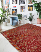 Vintage kilim rug in living room setting, bright colors, wild shaman, soft rug, bold color, Portland, Oregon, rug store, rug shop, local shop, vintage rug, modern kilim, warm colors