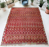 Vintage kilim rug in living room setting, bright colors, wild shaman, soft rug, bold color, Portland, Oregon, rug store, rug shop, local shop, vintage rug, modern kilim, warm colors