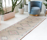 Vintage Turkish runner rug in living room setting, old rug, antique rug, pastel colors, faded colors, Turkish rug, vintage rug, soft rug, Portland, Oregon, rug store, rug shop, local shop