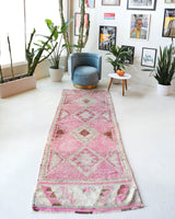 Vintage Turkish runner rug in living room setting, old rug, antique rug, pastel colors, faded colors, Turkish rug, vintage rug, soft rug, Portland, Oregon, rug store, rug shop, local shop