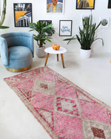 Vintage Turkish runner rug in living room setting, old rug, antique rug, pastel colors, faded colors, Turkish rug, vintage rug, soft rug, Portland, Oregon, rug store, rug shop, local shop