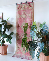 Vintage Turkish runner rug in living room setting, old rug, antique rug, pastel colors, faded colors, Turkish rug, vintage rug, soft rug, Portland, Oregon, rug store, rug shop, local shop