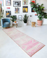 Vintage Turkish runner rug in living room setting, old rug, antique rug, pastel colors, faded colors, Turkish rug, vintage rug, soft rug, Portland, Oregon, rug store, rug shop, local shop