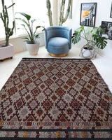 Vintage kilim rug in living room setting, bright colors, wild shaman, soft rug, bold color, Portland, Oregon, rug store, rug shop, local shop, vintage rug, modern kilim, warm colors