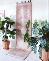 Vintage Turkish runner rug in living room setting, old rug, antique rug, pastel colors, faded colors, Turkish rug, vintage rug, soft rug, Portland, Oregon, rug store, rug shop, local shop