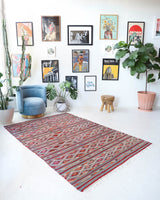 Vintage kilim rug in living room setting, bright colors, wild shaman, soft rug, bold color, Portland, Oregon, rug store, rug shop, local shop, vintage rug, modern kilim, warm colors