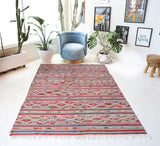 Vintage kilim rug in living room setting, bright colors, wild shaman, soft rug, bold color, Portland, Oregon, rug store, rug shop, local shop, vintage rug, modern kilim, warm colors