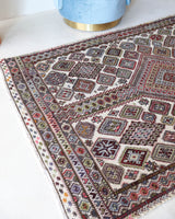 Vintage kilim rug in living room setting, old rug, antique rug, pastel colors, faded colors, Turkish rug, vintage rug, soft rug, Portland, Oregon, rug store, rug shop, local shop, earthy tones, earthy colors, warm colors