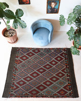 Vintage kilim rug in living room setting, bright colors, wild shaman, soft rug, bold color, Portland, Oregon, rug store, rug shop, local shop, vintage rug, modern kilim, warm colors