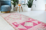 Vintage Turkish runner rug in living room setting, old rug, antique rug, pastel colors, faded colors, Turkish rug, vintage rug, soft rug, Portland, Oregon, rug store, rug shop, local shop