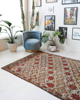 Vintage kilim rug in room decor setting, old rug, antique rug, pastel colors, faded colors, Turkish rug, vintage rug, soft rug, Portland, Oregon, rug store, rug shop, local shop, bold colors, bright colors, faded colors