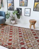 Vintage kilim rug in room decor setting, old rug, antique rug, pastel colors, faded colors, Turkish rug, vintage rug, soft rug, Portland, Oregon, rug store, rug shop, local shop, bold colors, bright colors, faded colors