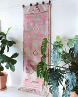 Vintage Turkish runner rug in living room setting, old rug, antique rug, pastel colors, faded colors, Turkish rug, vintage rug, soft rug, Portland, Oregon, rug store, rug shop, local shop