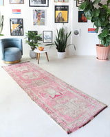 Vintage Turkish runner rug in living room setting, old rug, antique rug, pastel colors, faded colors, Turkish rug, vintage rug, soft rug, Portland, Oregon, rug store, rug shop, local shop