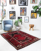 Vintage Turkish rug in a living room setting, pile rug, Turkish rug, vintage rug, portland, rug shop, bright colors, wild shaman, soft rug, bold color, Portland, Oregon, rug store, rug shop, local shop, antique rug