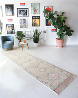 Vintage Turkish runner rug in living room setting, old rug, antique rug, pastel colors, faded colors, Turkish rug, vintage rug, soft rug, Portland, Oregon, rug store, rug shop, local shop