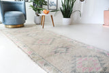 Vintage Turkish runner rug in living room setting, old rug, antique rug, pastel colors, faded colors, Turkish rug, vintage rug, soft rug, Portland, Oregon, rug store, rug shop, local shop