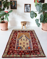 Vintage Turkish rug in a living room setting, pile rug, Turkish rug, vintage rug, portland, rug shop, bright colors, wild shaman, soft rug, bold color, Portland, Oregon, rug store, rug shop, local shop, antique rug