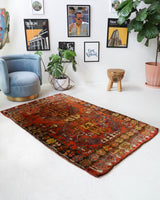 Vintage Turkish rug in a living room setting, pile rug, Turkish rug, vintage rug, portland, rug shop, bright colors, wild shaman, soft rug, bold color, Portland, Oregon, rug store, rug shop, local shop, shag rug, shaggy, plush,tulu rugs