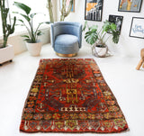 Vintage Turkish rug in a living room setting, pile rug, Turkish rug, vintage rug, portland, rug shop, bright colors, wild shaman, soft rug, bold color, Portland, Oregon, rug store, rug shop, local shop, shag rug, shaggy, plush,tulu rugs