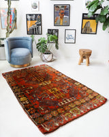 Vintage Turkish rug in a living room setting, pile rug, Turkish rug, vintage rug, portland, rug shop, bright colors, wild shaman, soft rug, bold color, Portland, Oregon, rug store, rug shop, local shop, shag rug, shaggy, plush,tulu rugs
