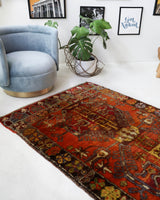 Vintage Turkish rug in a living room setting, pile rug, Turkish rug, vintage rug, portland, rug shop, bright colors, wild shaman, soft rug, bold color, Portland, Oregon, rug store, rug shop, local shop, shag rug, shaggy, plush,tulu rugs