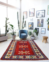 Vintage Turkish rug in a living room setting, pile rug, Turkish rug, vintage rug, portland, rug shop, bright colors, wild shaman, soft rug, bold color, Portland, Oregon, rug store, rug shop, local shop