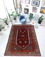 Vintage Turkish rug in a living room setting, pile rug, Turkish rug, vintage rug, portland, rug shop, bright colors, wild shaman, soft rug, bold color, Portland, Oregon, rug store, rug shop, local shop