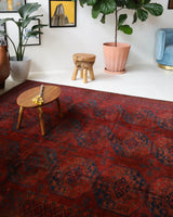 Antique Turkmen rug in a living room setting, pile rug, Turkish rug, vintage rug, portland, rug shop, bright colors, wild shaman, soft rug, bold color, Portland, Oregon, rug store, rug shop, local shop, antique rug