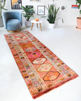 Vintage Turkish runner rug in a living room setting, pile rug, Turkish rug, vintage rug, portland, rug shop, bright colors, wild shaman, soft rug, bold color, Portland, Oregon, rug store, rug shop, local shop
