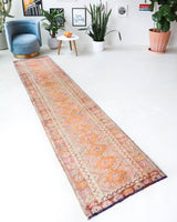 Vintage Turkish runner rug in living room setting, old rug, antique rug, pastel colors, faded colors, Turkish rug, vintage rug, soft rug, Portland, Oregon, rug store, rug shop, local shop