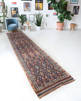 Vintage Turkish runner rug in living room setting, old rug, antique rug, pastel colors, faded colors, Turkish rug, vintage rug, soft rug, Portland, Oregon, rug store, rug shop, local shop
